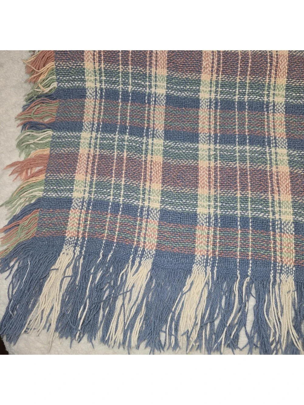 Vintage Country Homespun Plaid Throw Blanket Denim Blue Pink 46x60 Fringed